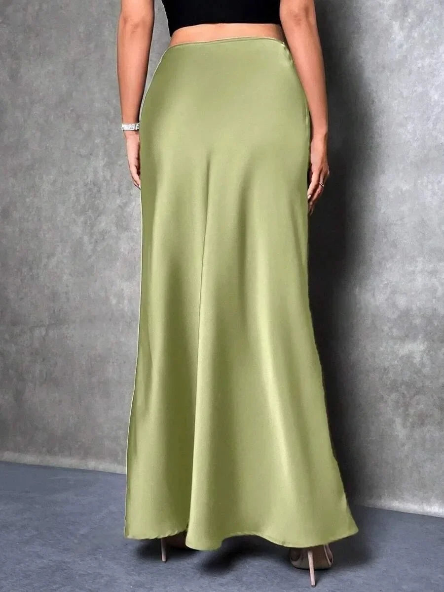 Satin Skirt Autumn Winter Simple A line Long Skirt Women Clothing