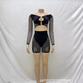 Summer Thin Off SHoulder Full Sleeve Hollow Top+Elastic Matching Shorts Mesh Patchwork 2 Piece Set Sheer New Clubwear