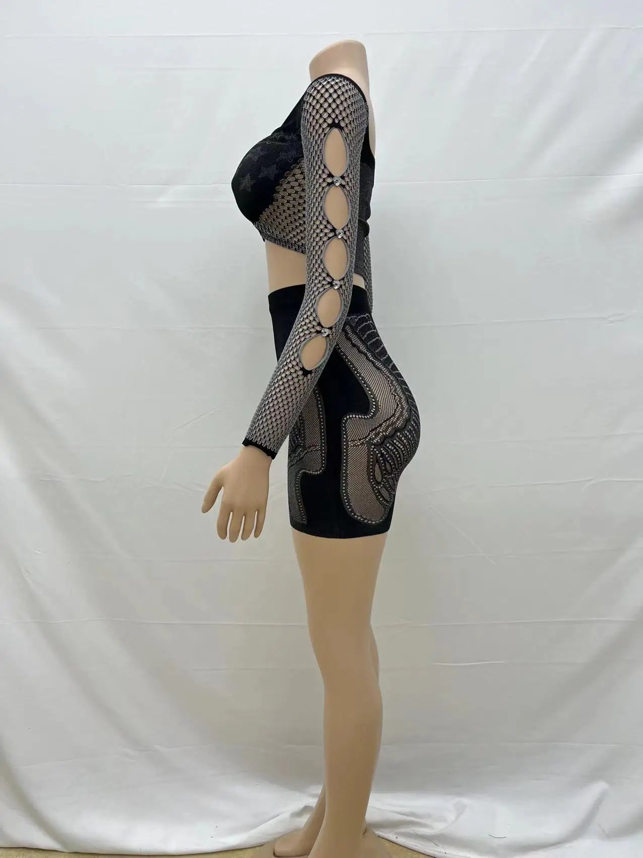 Summer Thin Off SHoulder Full Sleeve Hollow Top+Elastic Matching Shorts Mesh Patchwork 2 Piece Set Sheer New Clubwear