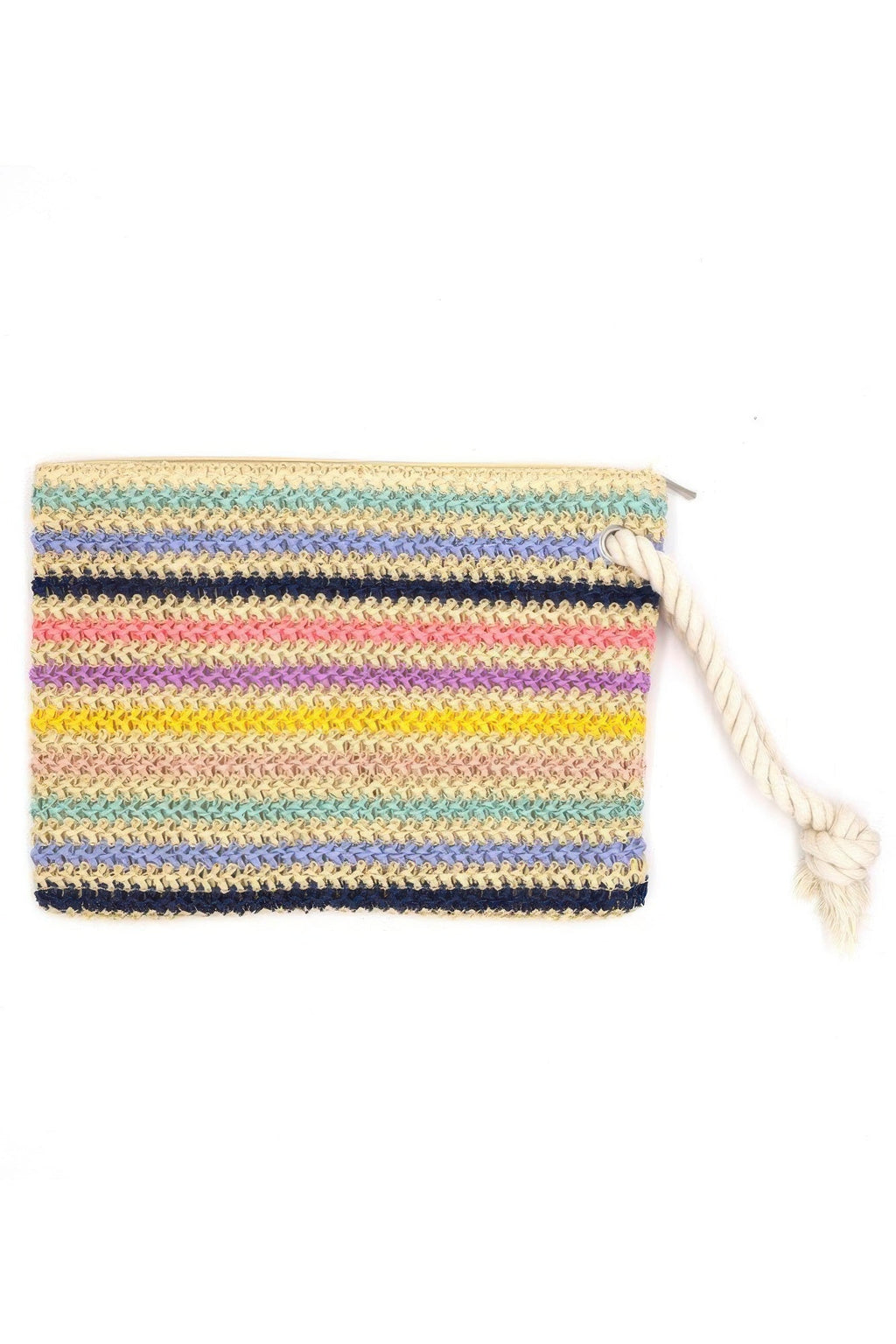 Rope Handle Multicolor Striped Straw Crochet Pouch