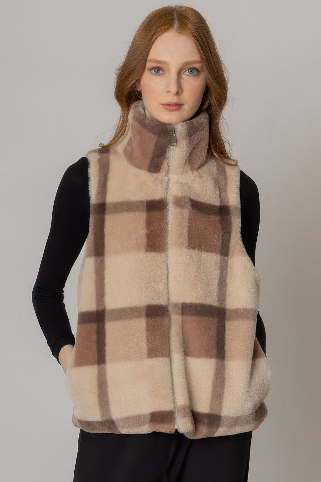 Plaid Faux Fur Vest