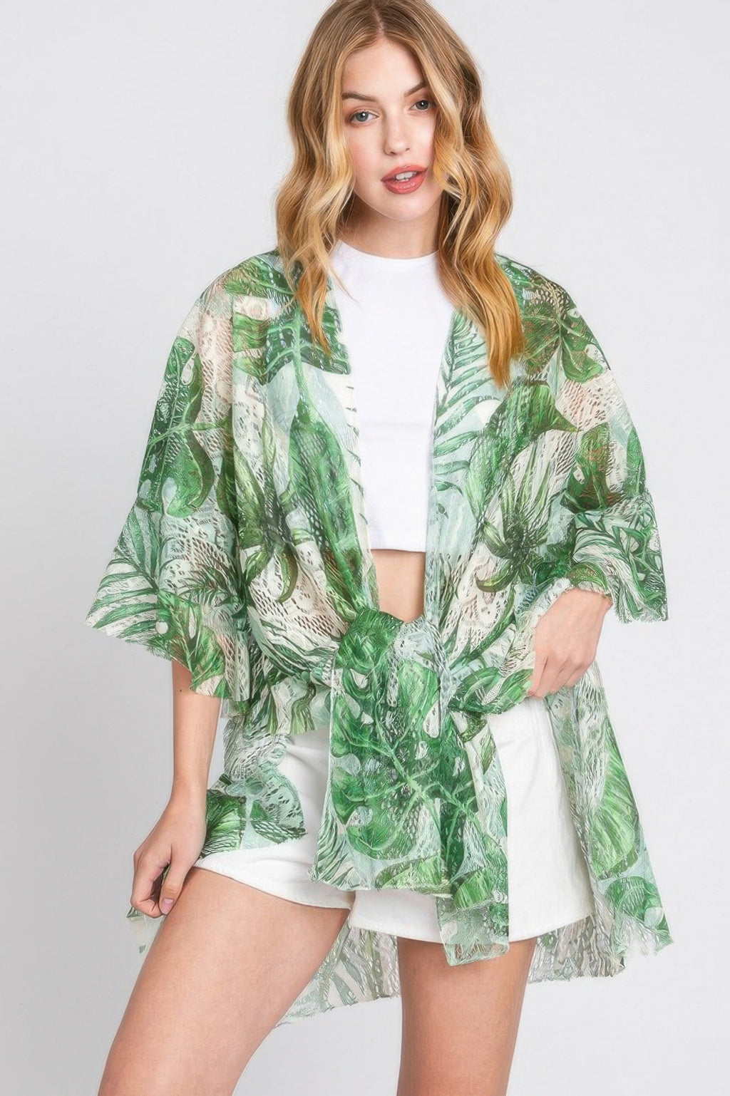 Ruffle Lined Tropical Leaves Print Open Frontcover