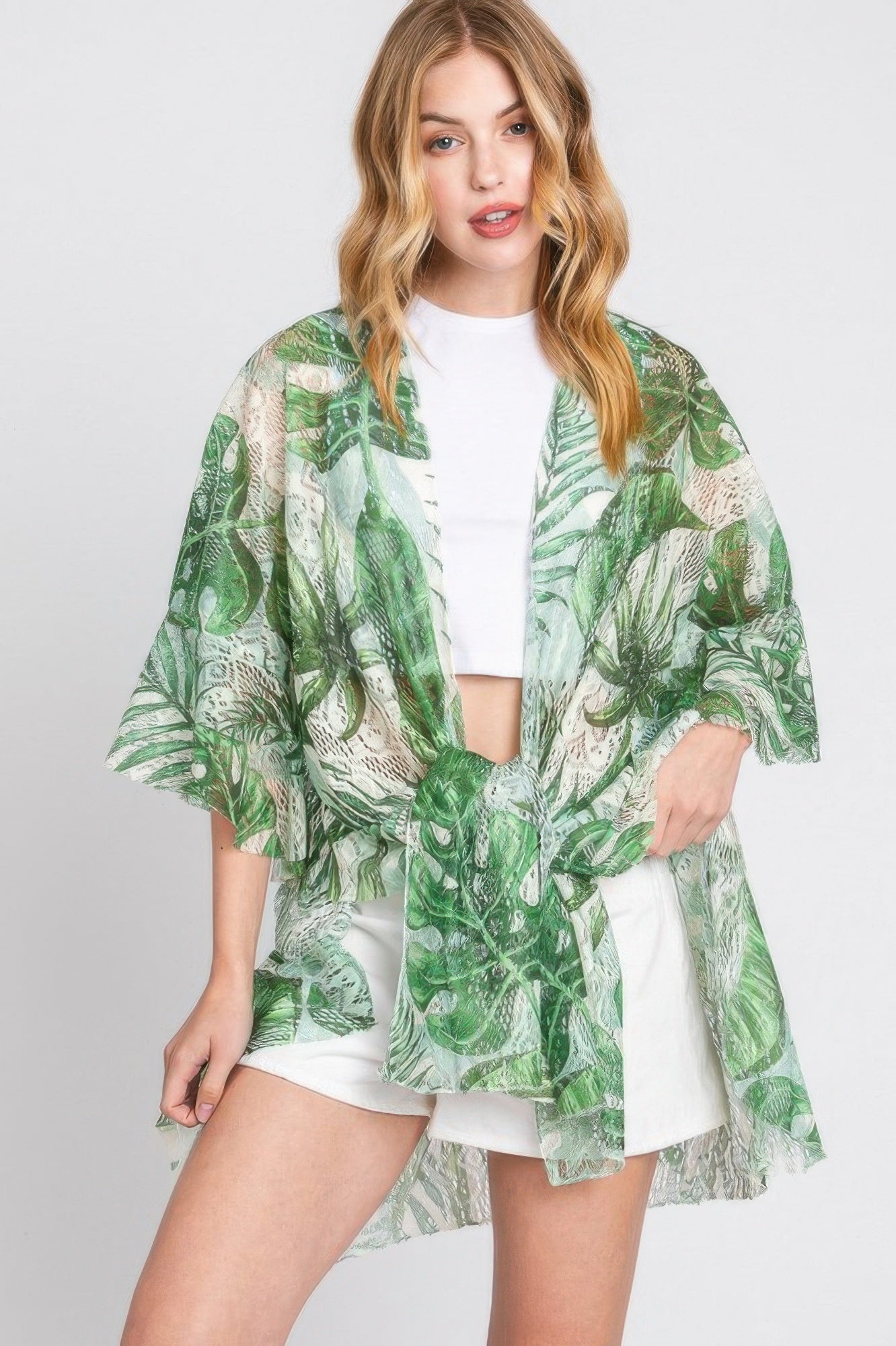 Ruffle Lined Tropical Leaves Print Open Frontcover