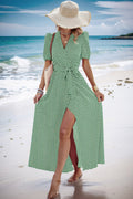 Dot Print Open Front Belt Knot V Neck Dress