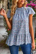 Ruffle Frill Trim Mock Neck Short Sleeve Shirt