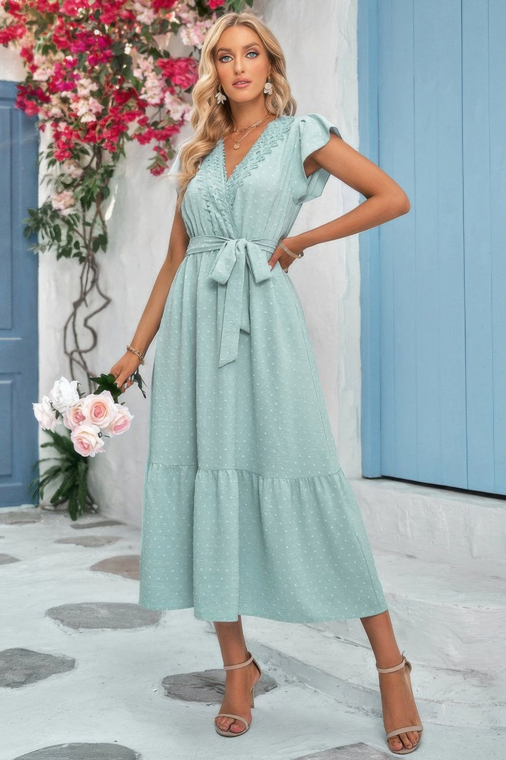 Solid Dot V Neck Lace Ruffle Belt Long Dress