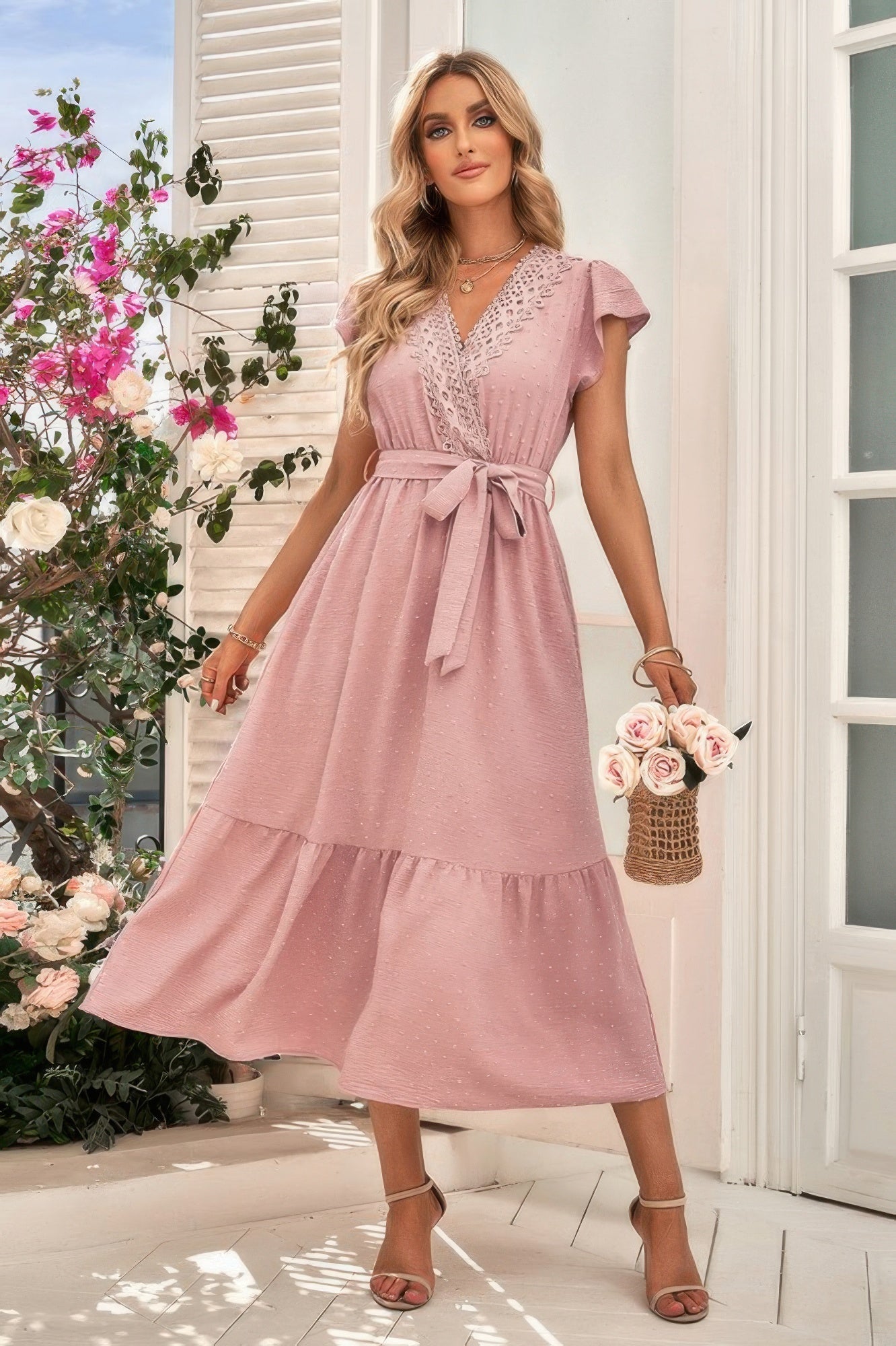 Solid Dot V Neck Lace Ruffle Belt Long Dress