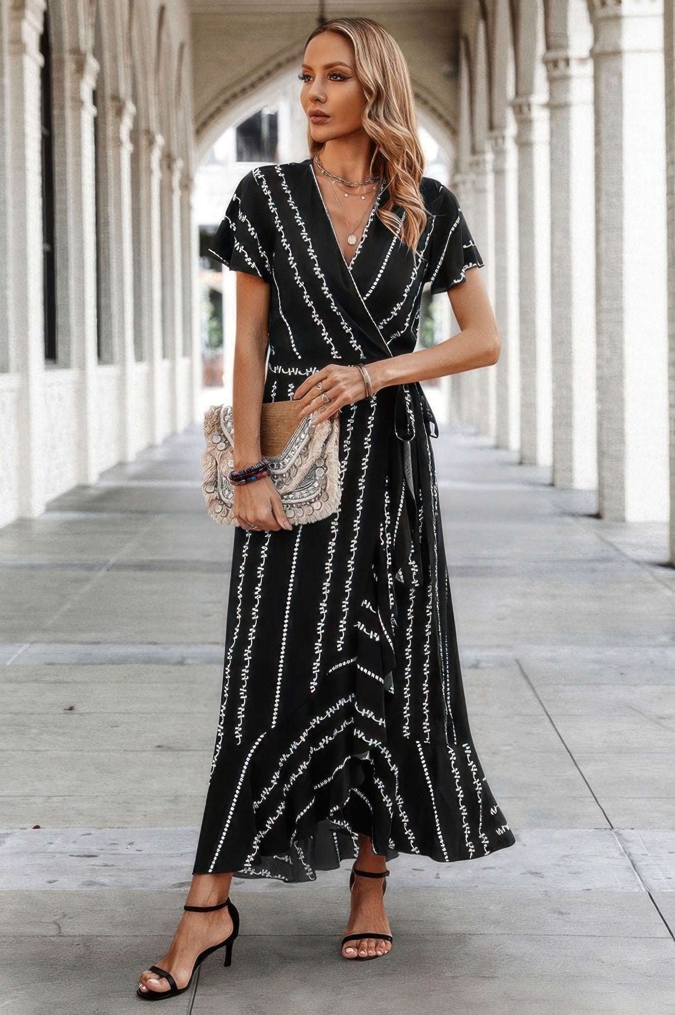 Strip Knot Belt Split V Neck Hem Ruffle Fit Dress