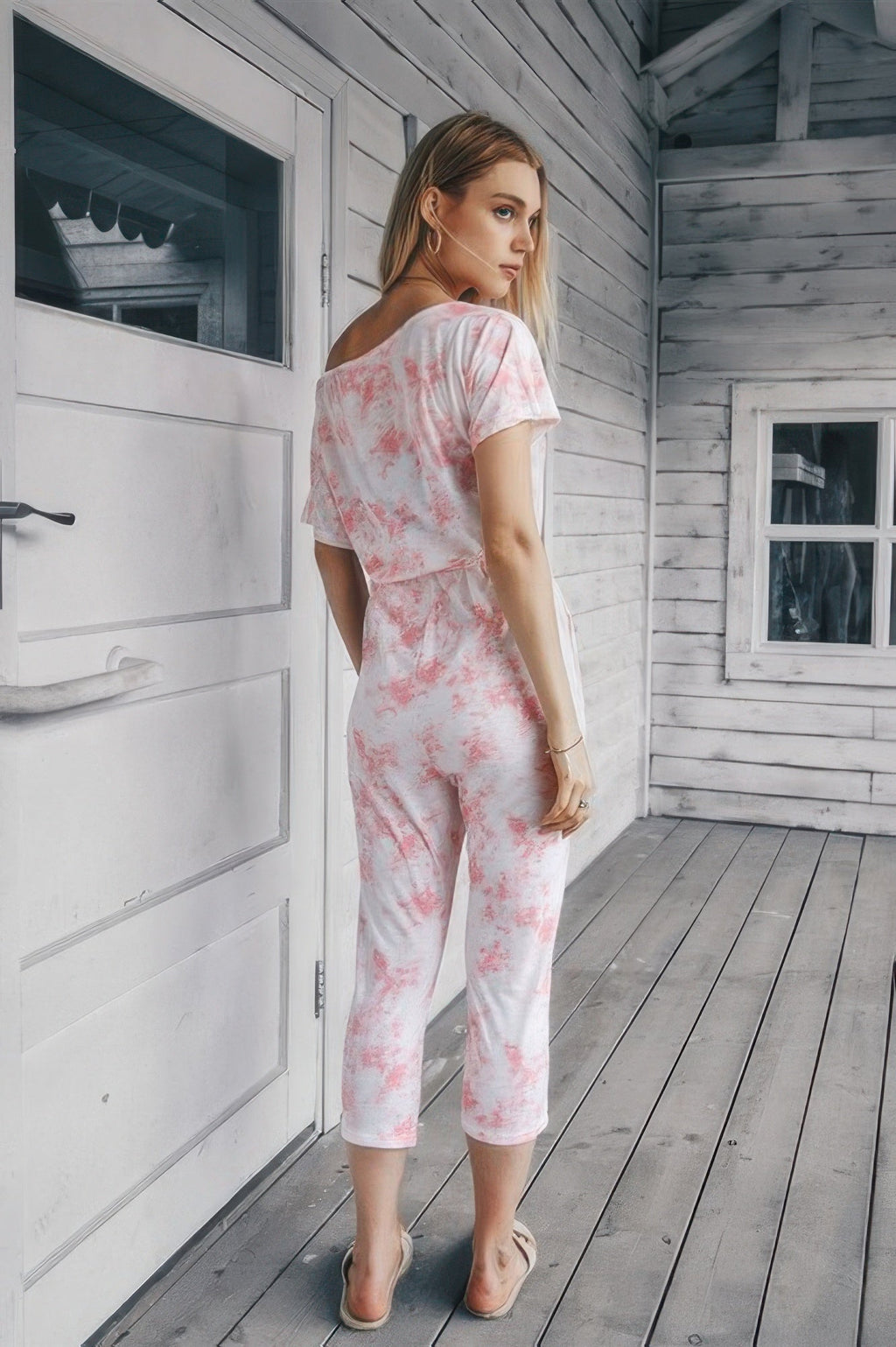 Tie Dye One Shoulder Drawstring Fit Jumpsuit