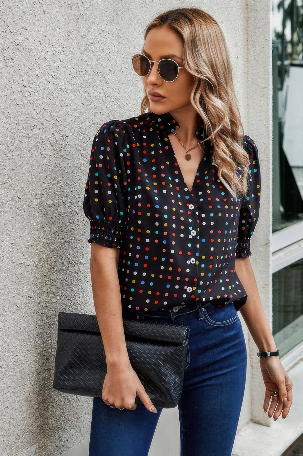 Polka Dot Print Puff Sleeve Loose Shirt