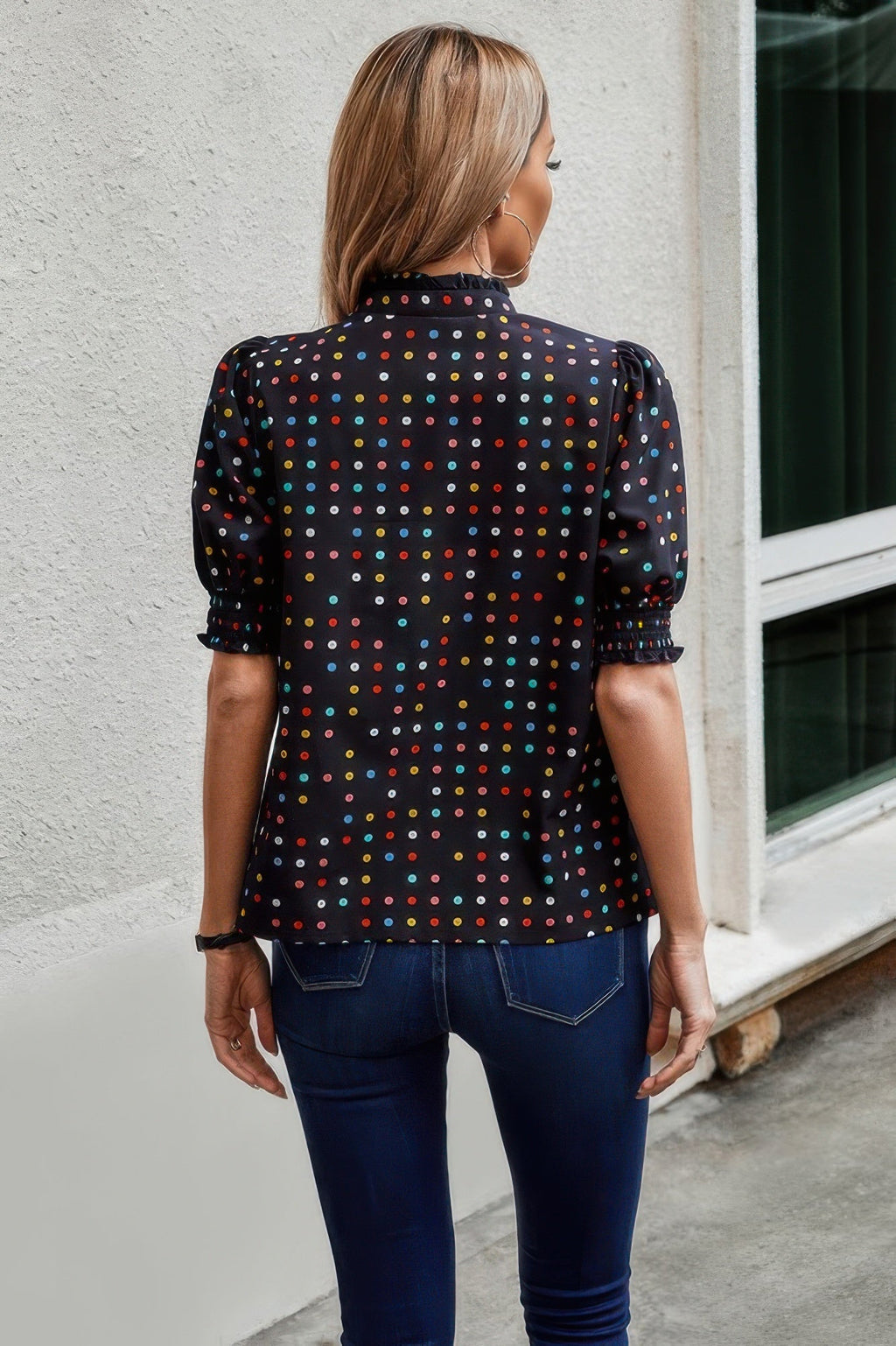 Polka Dot Print Puff Sleeve Loose Shirt