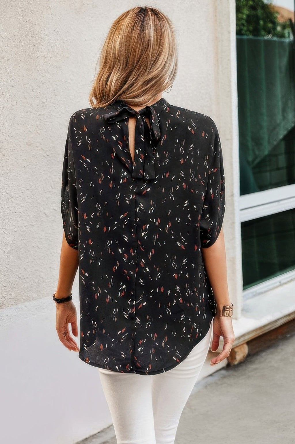 Leopard Print Open Back Knot Drop Shoulder Top