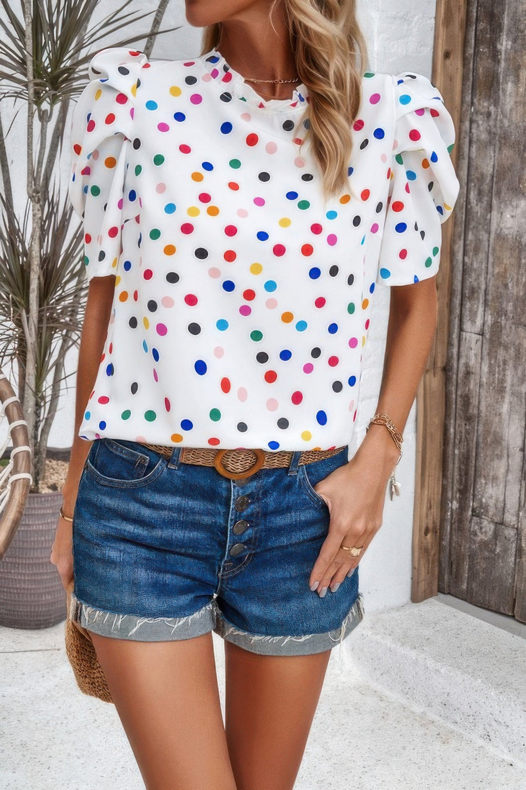 Puff Sleeves Allover Print Knot Loose Fit Top