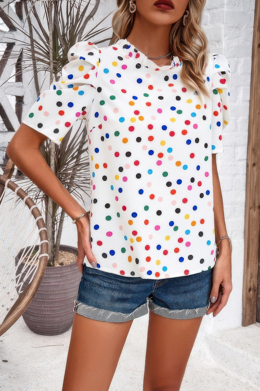 Puff Sleeves Allover Print Knot Loose Fit Top