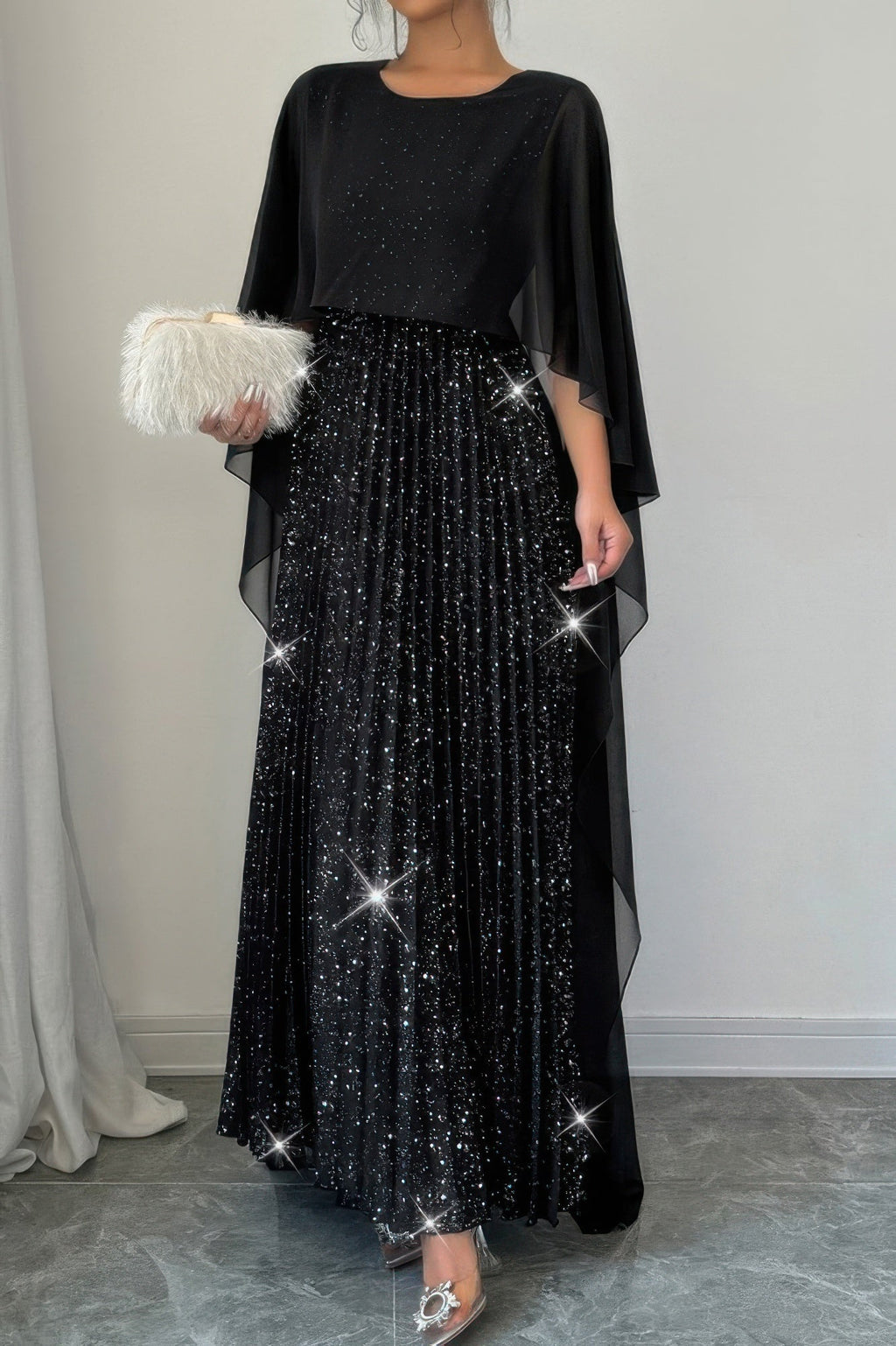 Elegant Sequin Satin Knit Pleated Long Dress