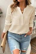 Solid Buttons V Neck Elegant Front Pockets Blouse