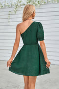 One Shoulder Polka Dot Puff Sleeve Ruffle Dress