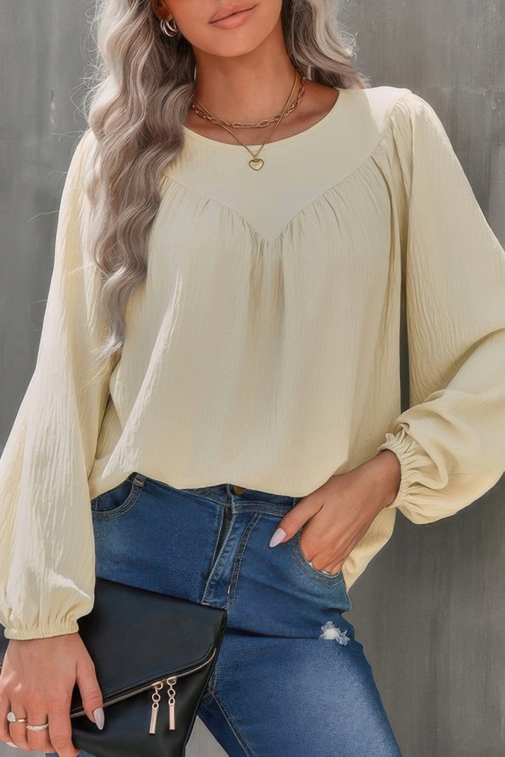 Crew Neck Solid Long Lantern Sleeve Shirt