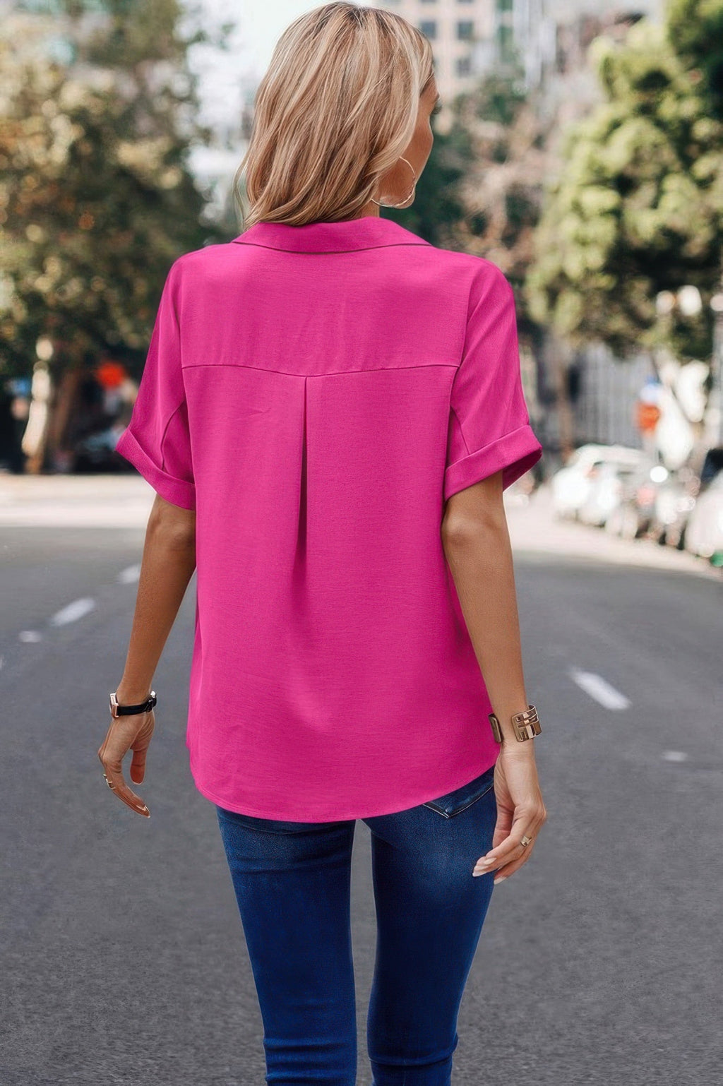 V Neck Button Down Roll Up Sleeve Loose Pocket Blouse