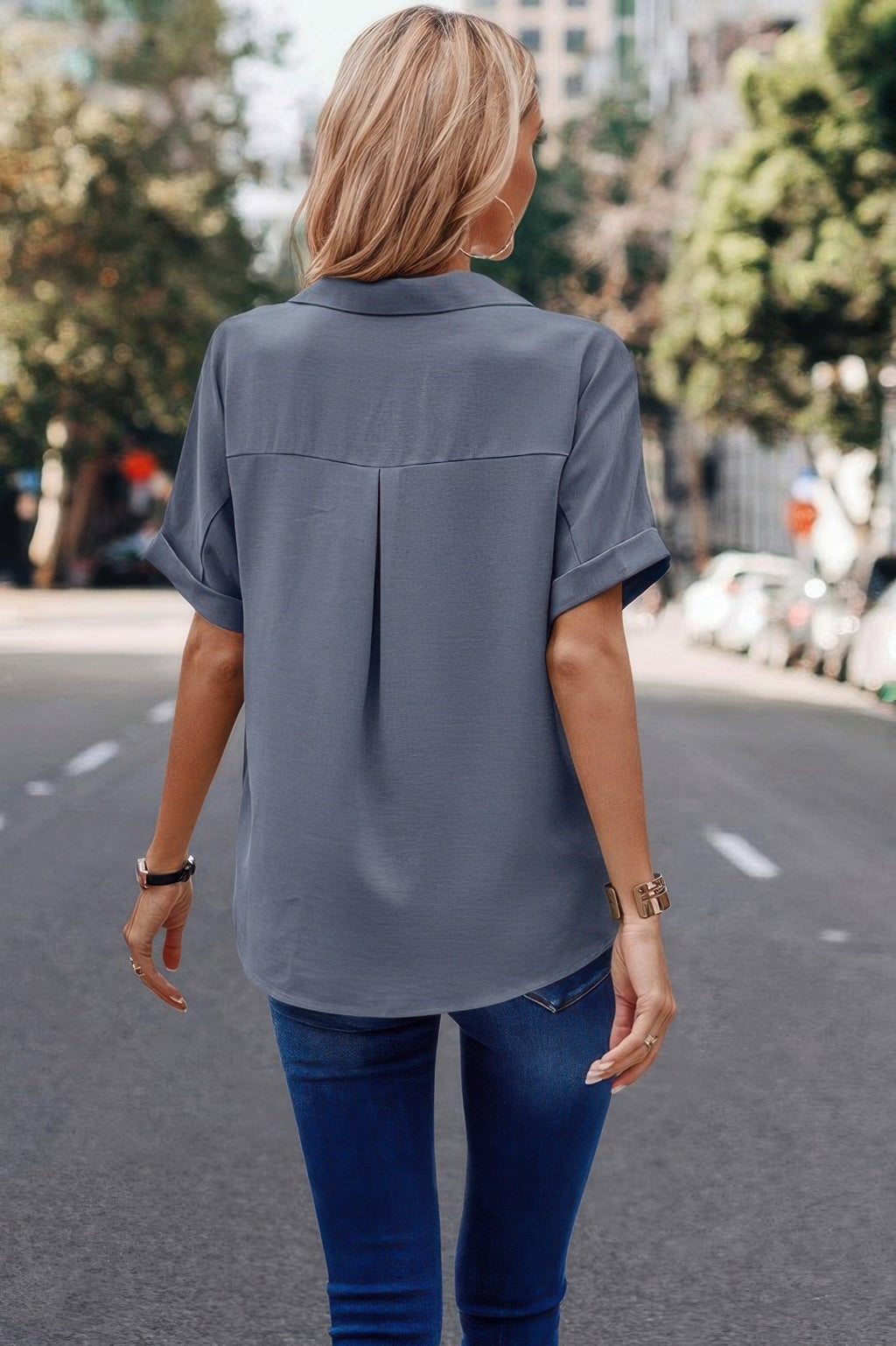 V Neck Button Down Roll Up Sleeve Loose Pocket Blouse