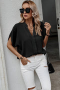 Notched Neck Solid Loose Fit Half Sleeve Blouse