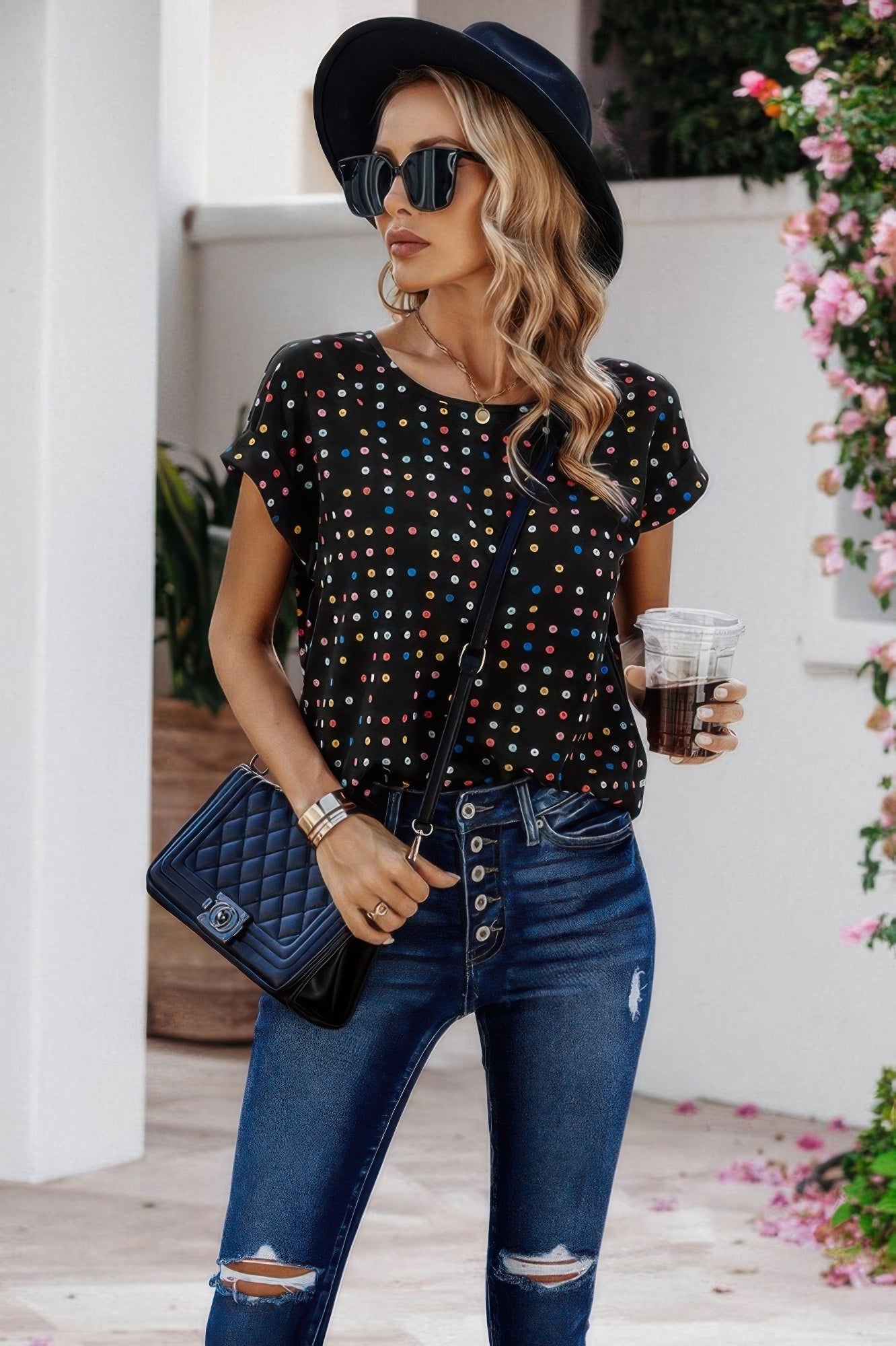 Scoop Neck Polka Dot Batwing Sleeve Blouse