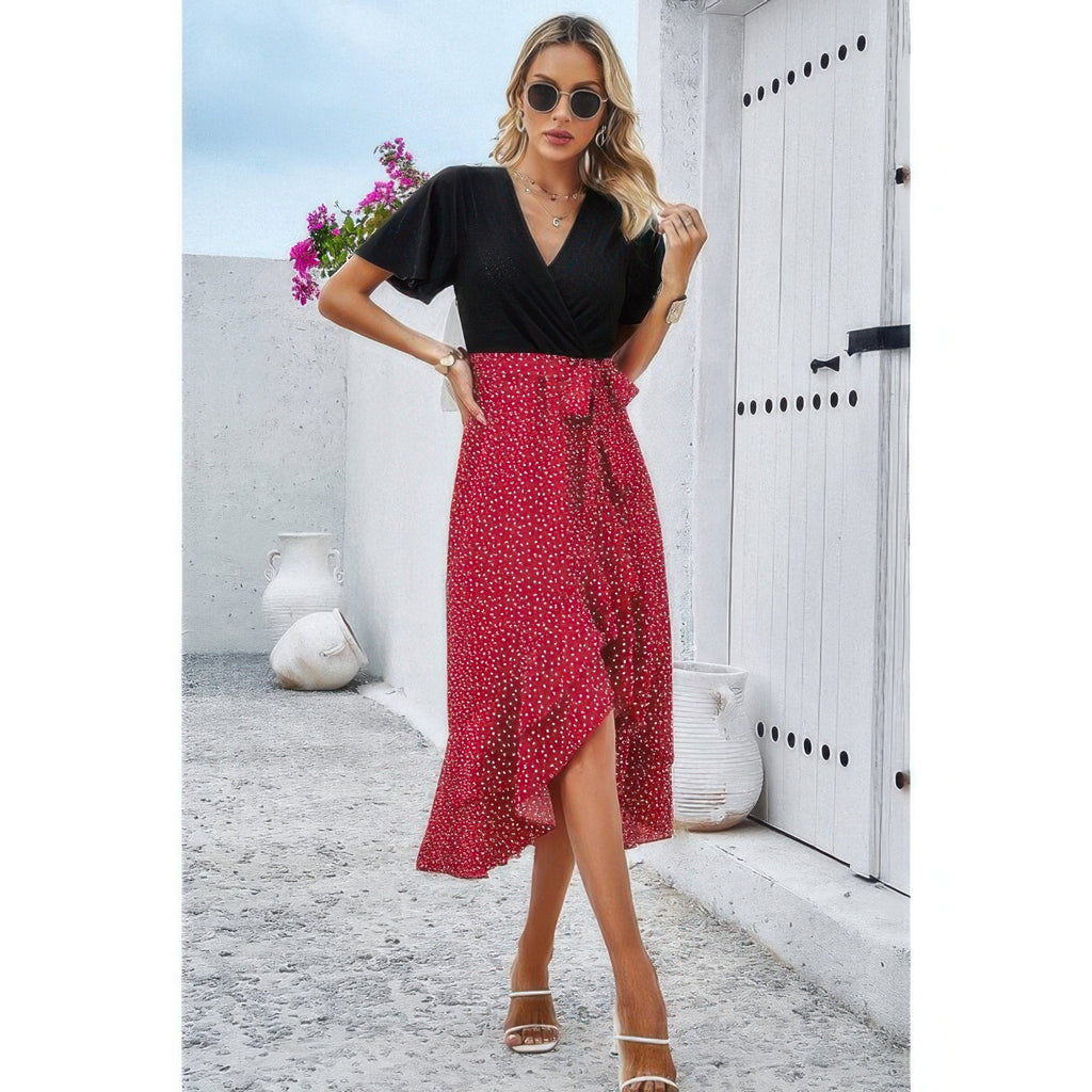 Cross Color Block Lace V Neck Belt Print Dress