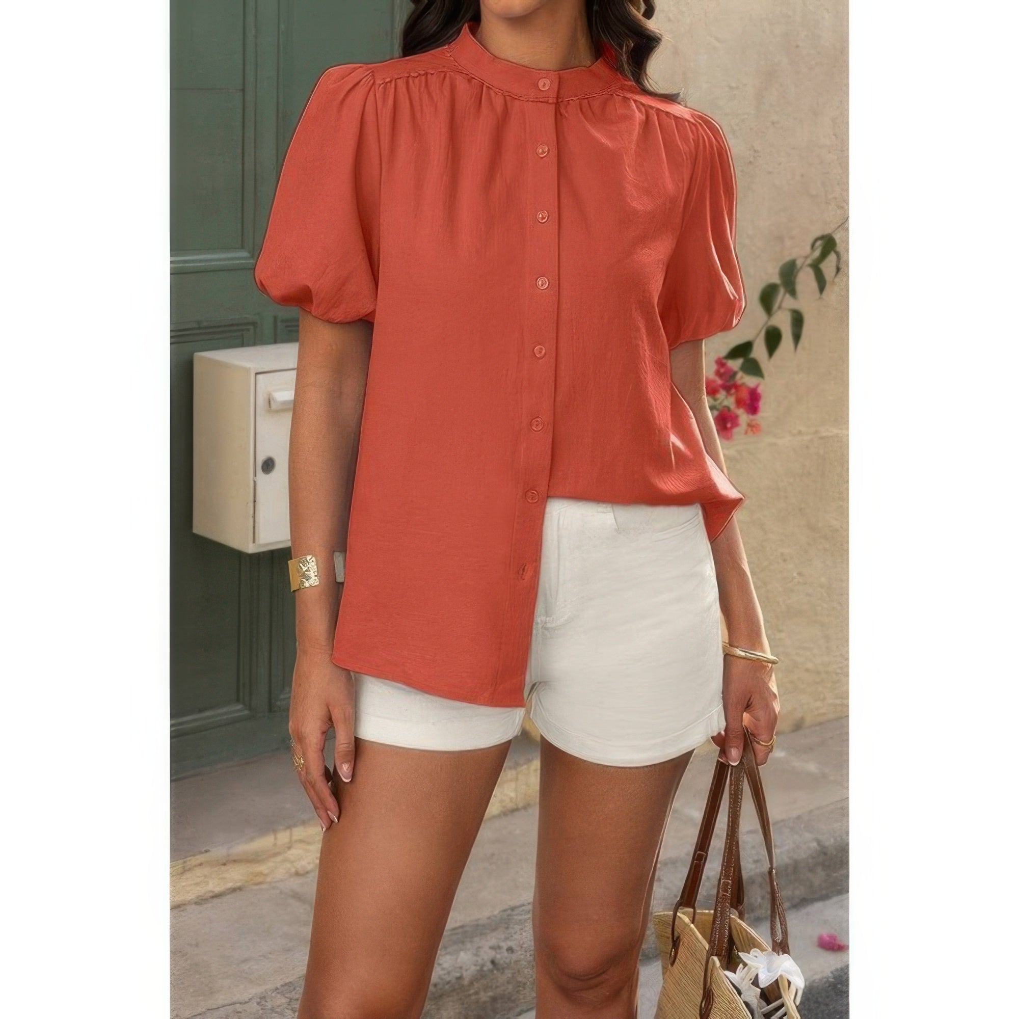 Button Down Lantern Puff Short Sleeve V Neck Top
