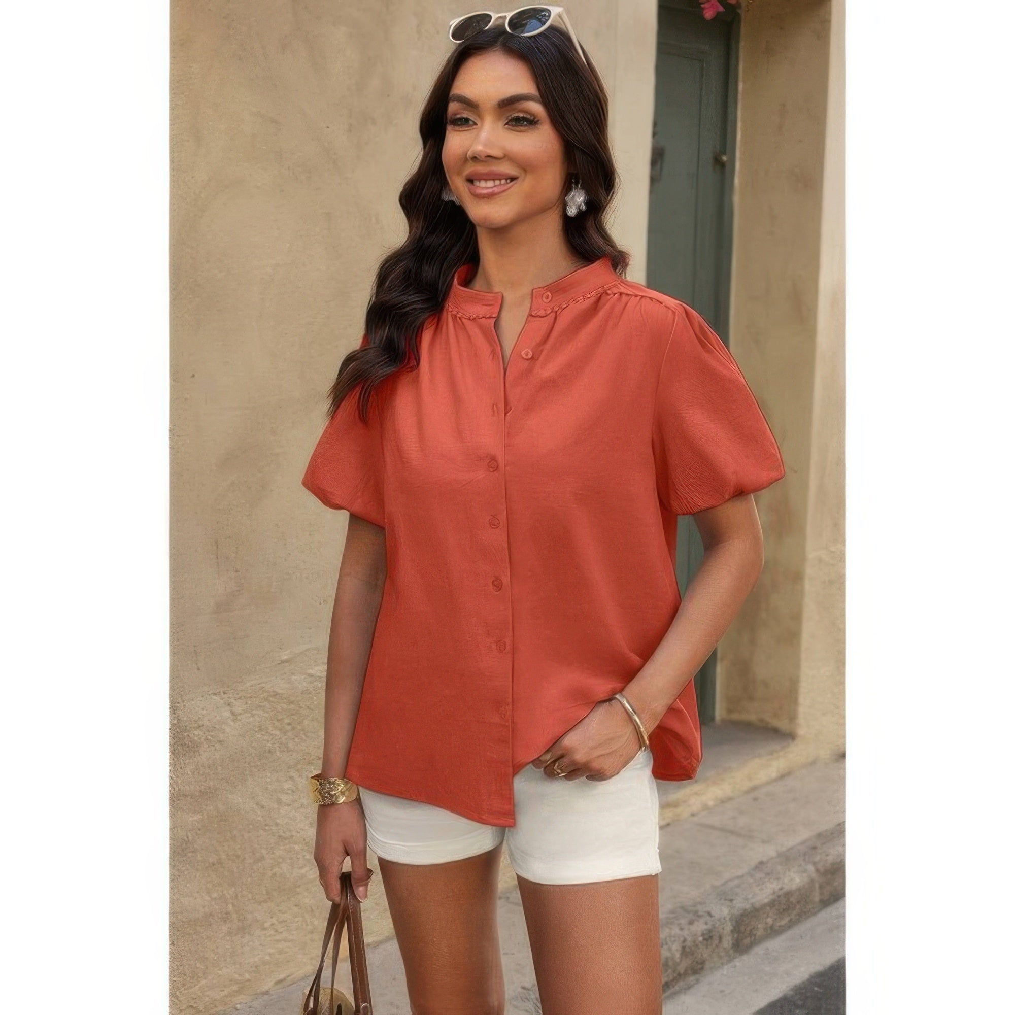 Button Down Lantern Puff Short Sleeve V Neck Top