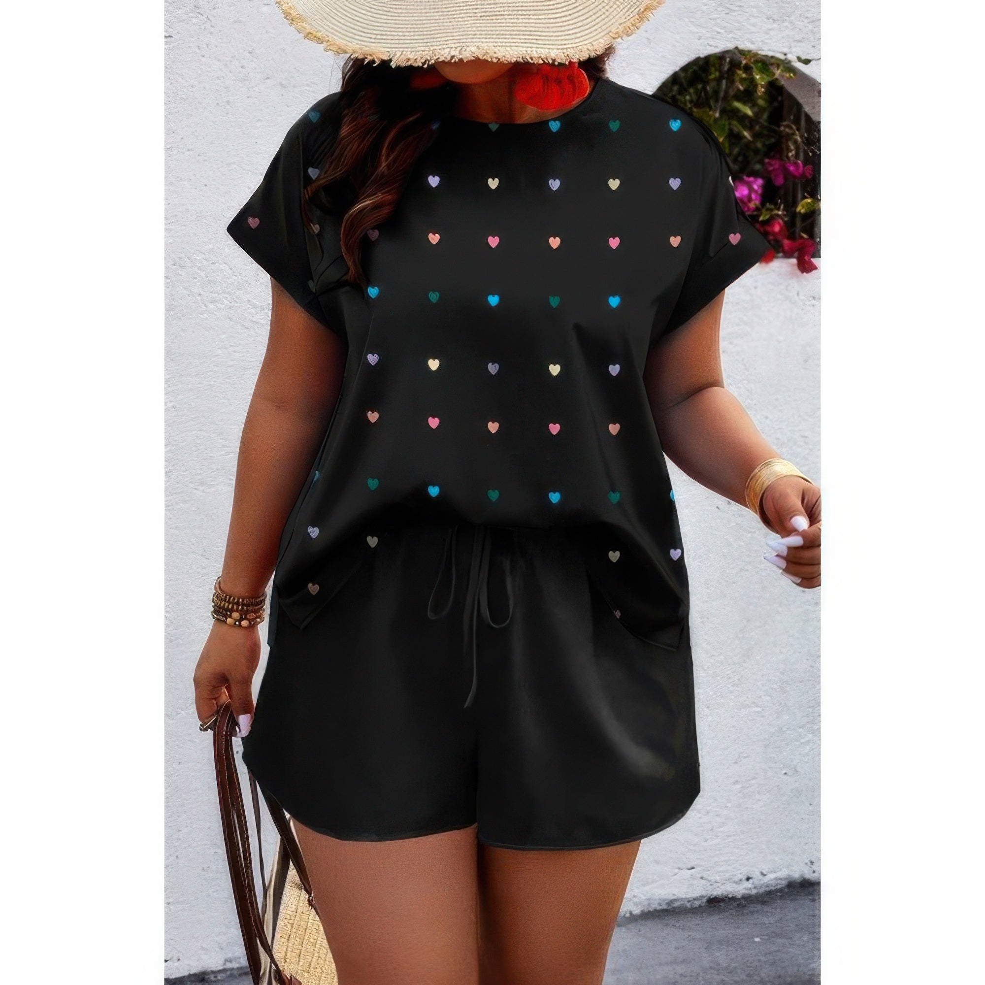 Plus Size Heart Print Drawstring Waist Sets