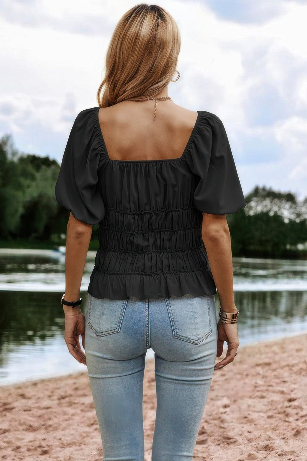 Solid Square Neck Shirred Flounce Sleeve Peplum Blouse