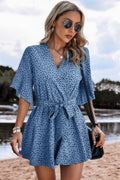 V Neck Ruffled Belted Flared Hemmed Romper