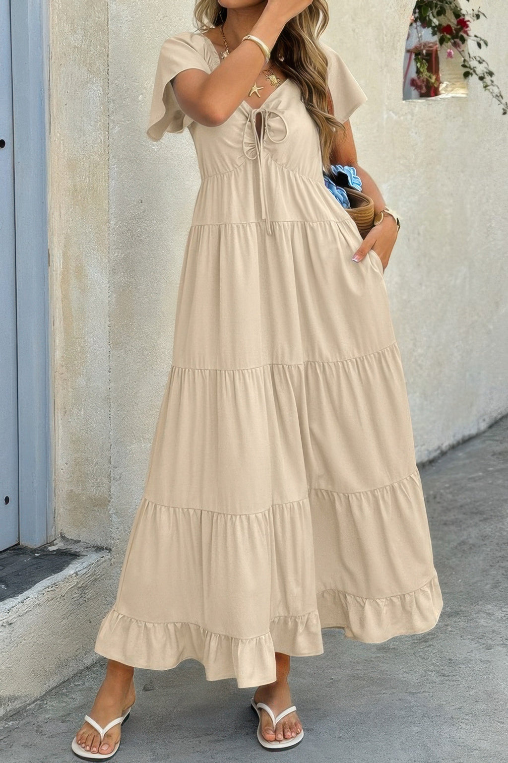 Cross Knot Color Block Pockets A Line Dress