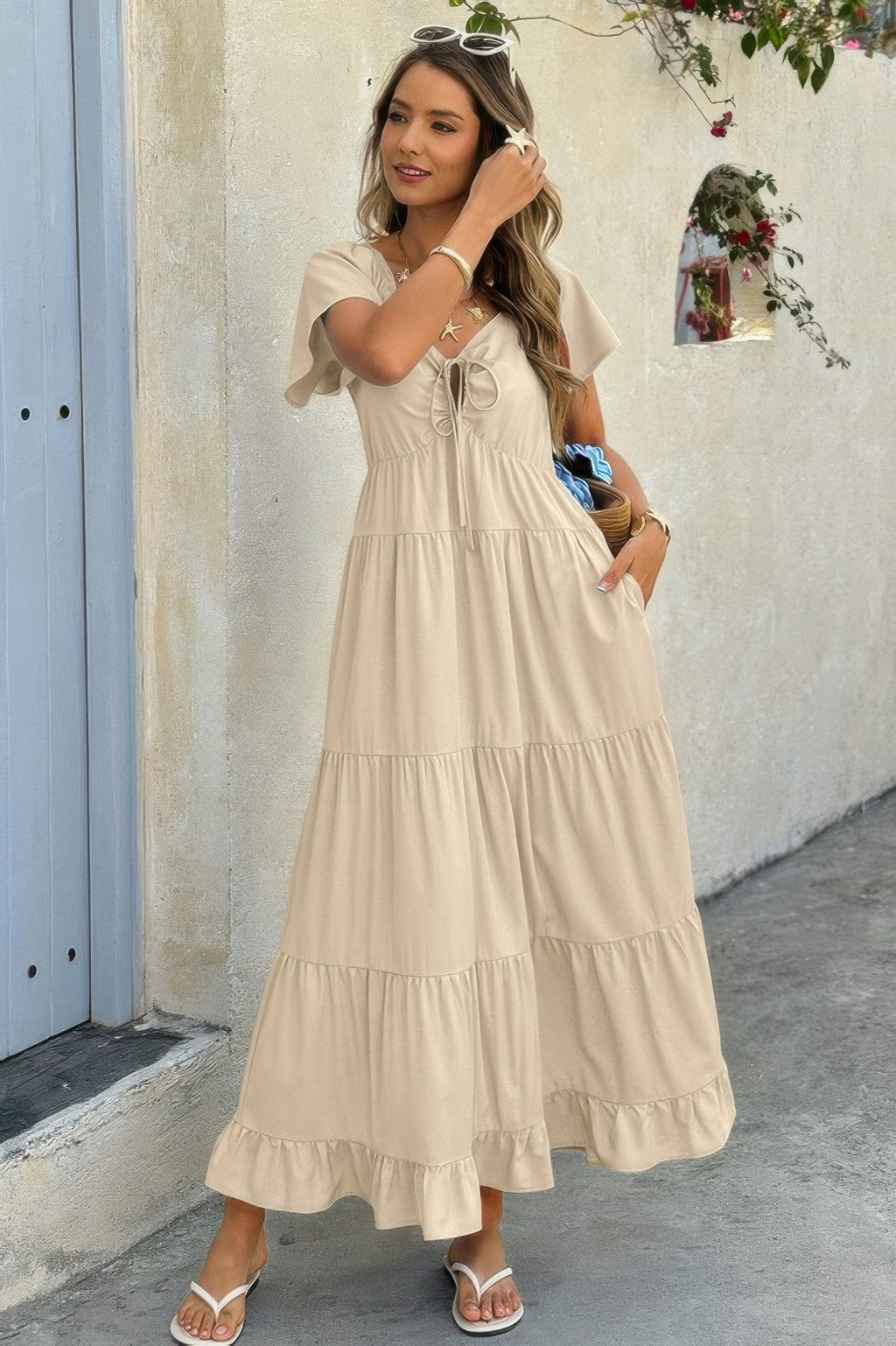 Cross Knot Color Block Pockets A Line Dress
