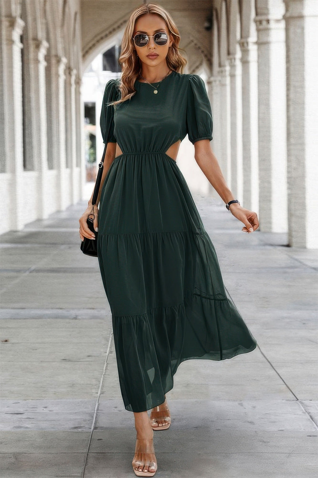 Cut Out Waist Ruffle Hem Puff Sleeves Fit Dress