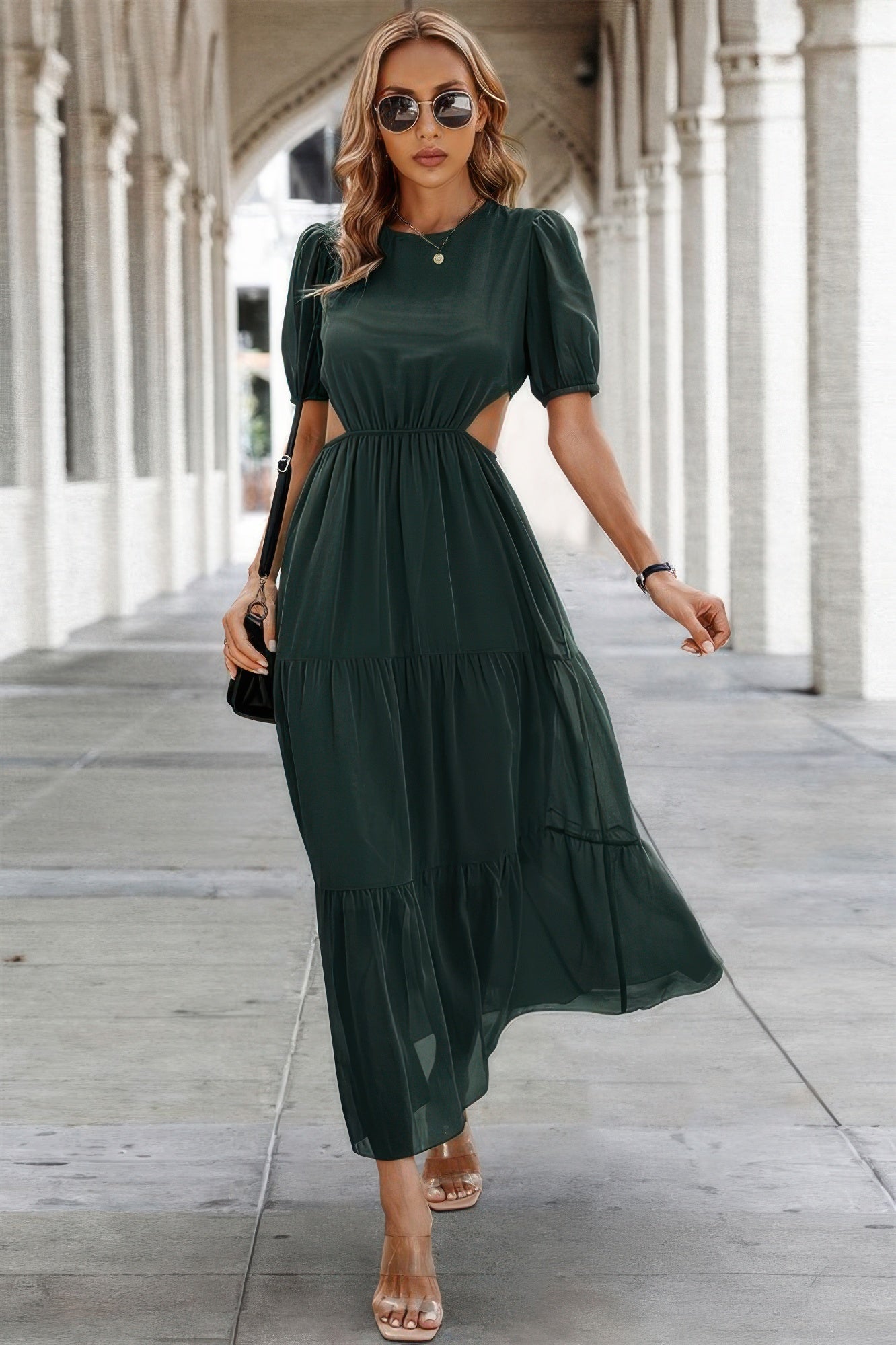 Cut Out Waist Ruffle Hem Puff Sleeves Fit Dress