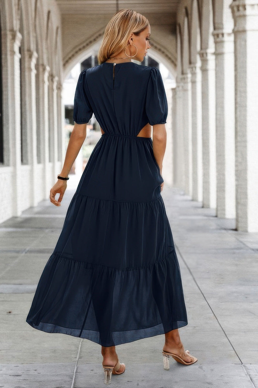 Cut Out Waist Ruffle Hem Puff Sleeves Fit Dress