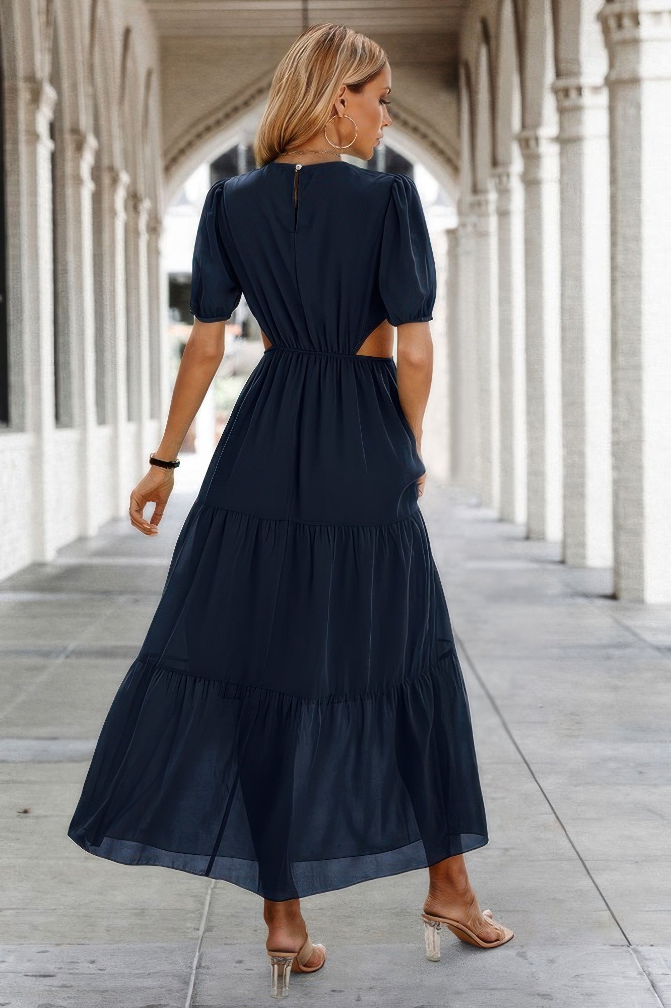 Cut Out Waist Ruffle Hem Puff Sleeves Fit Dress