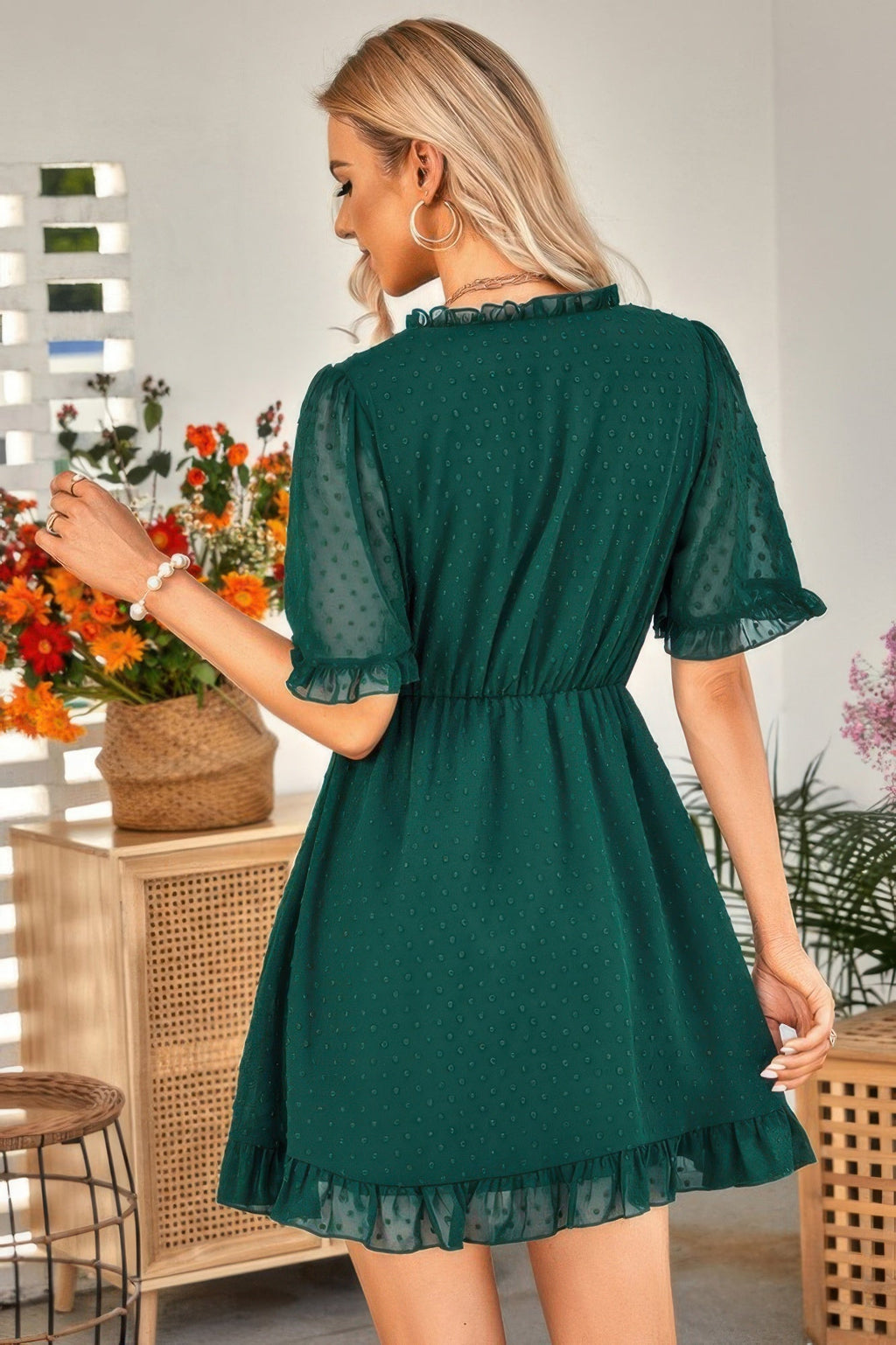 Solid Ruffle Hem Swiss Dot Short Sleeve Midi Dress