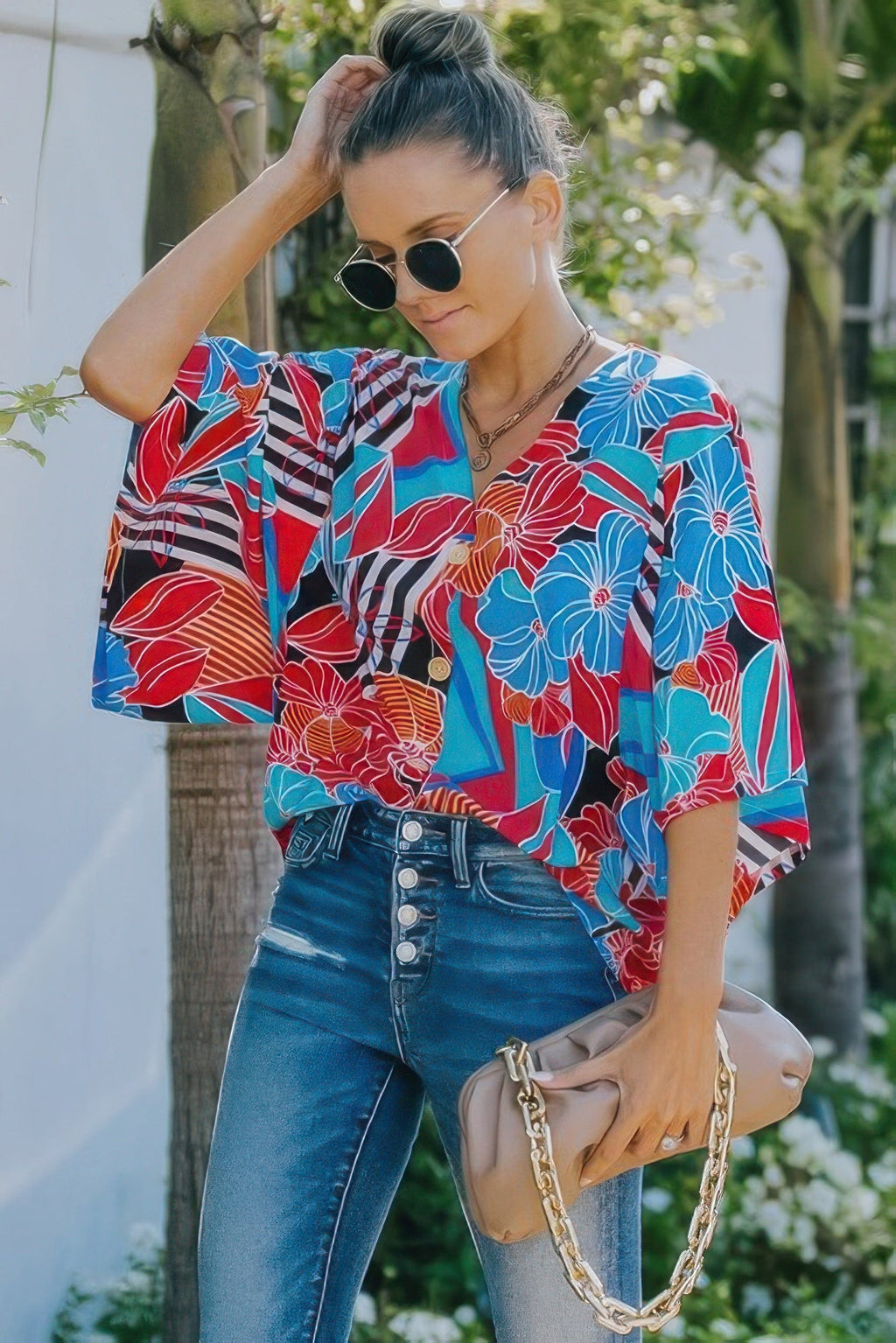 V Neck Button Kimono Sleeve Top