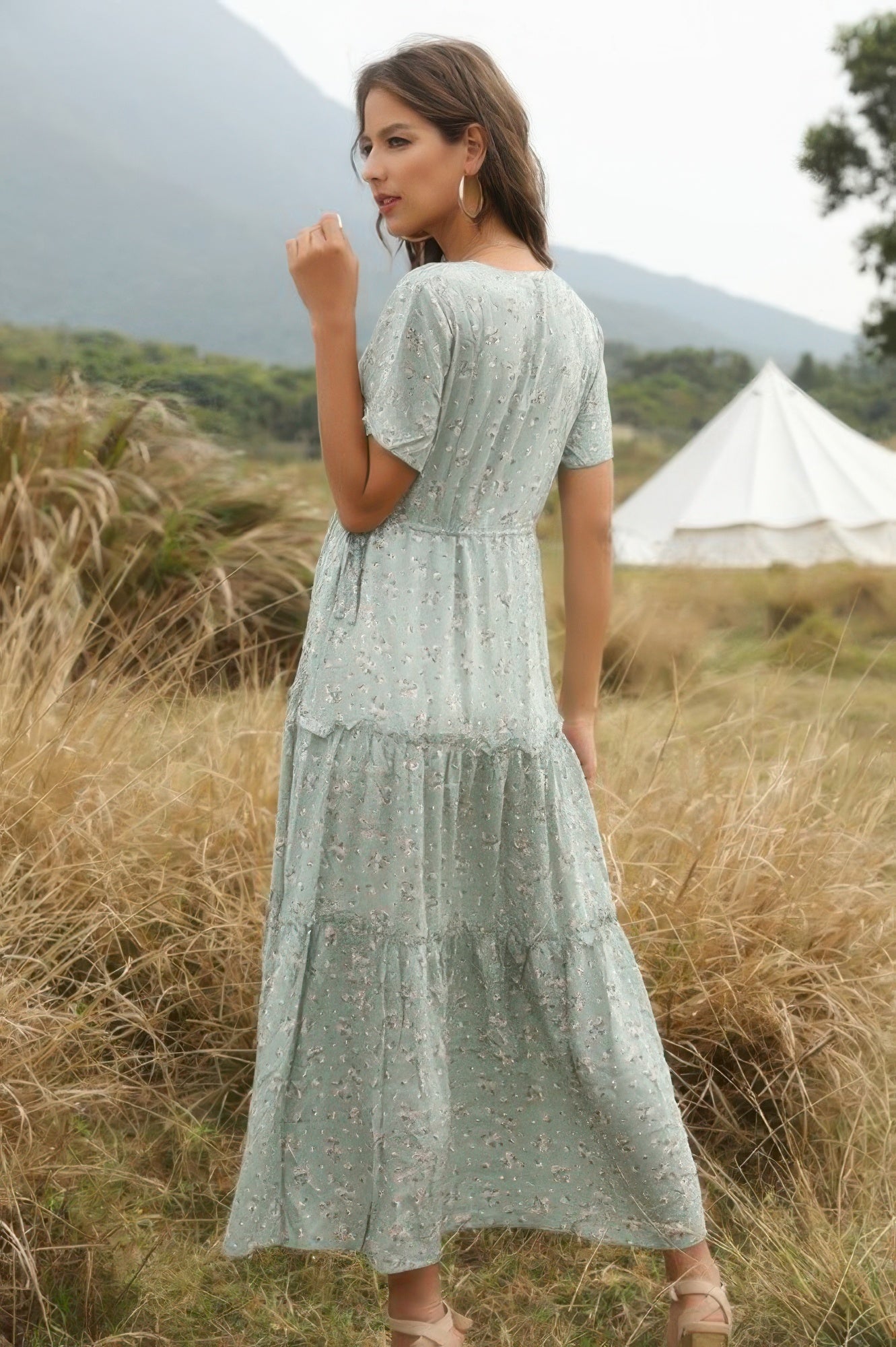 Elegant Floral Ruffle Deep V Neck Slit Dress