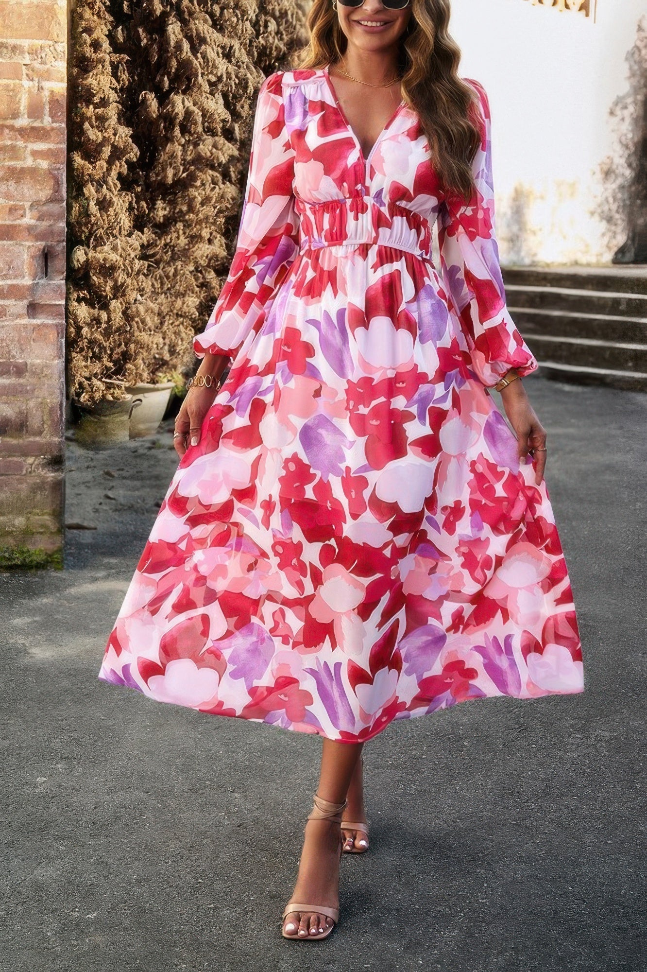 Boho V Neck A Line High Waist Long Sleeve Dress