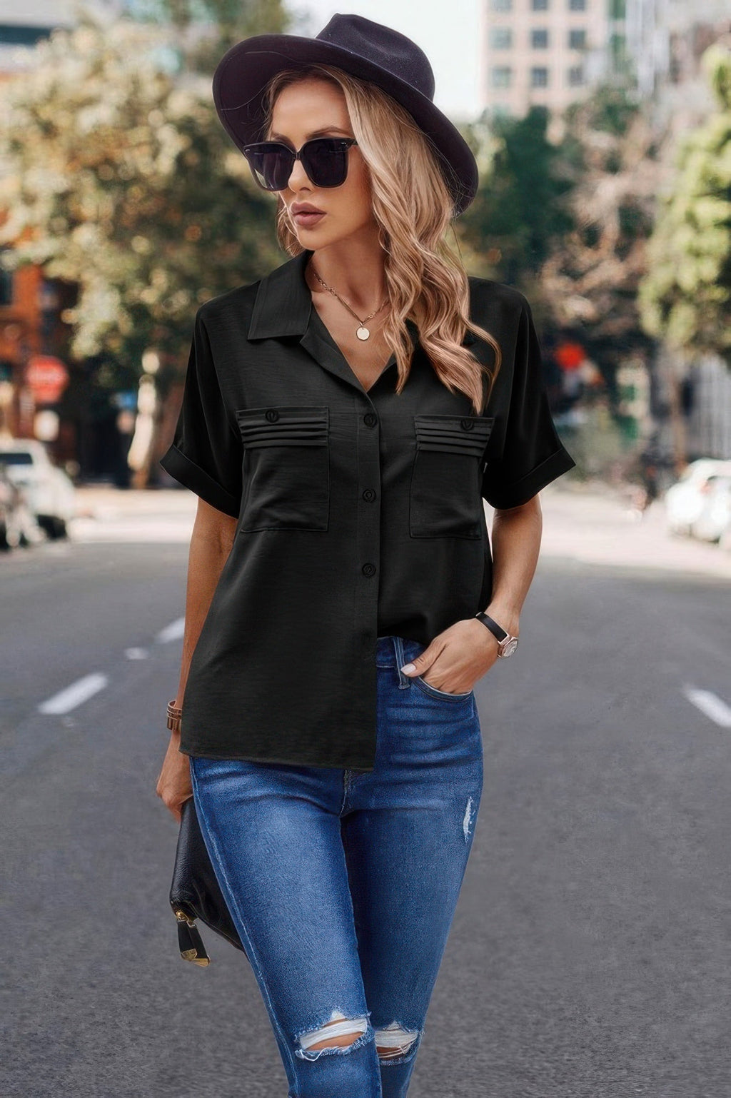 Button Up Open Front Solid Shirt