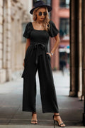 Solid Fit Square Neck Smocked Jumpsuit
