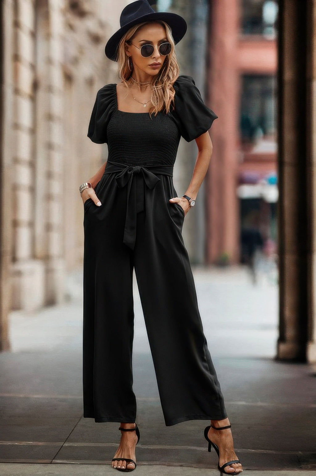 Solid Fit Square Neck Smocked Jumpsuit