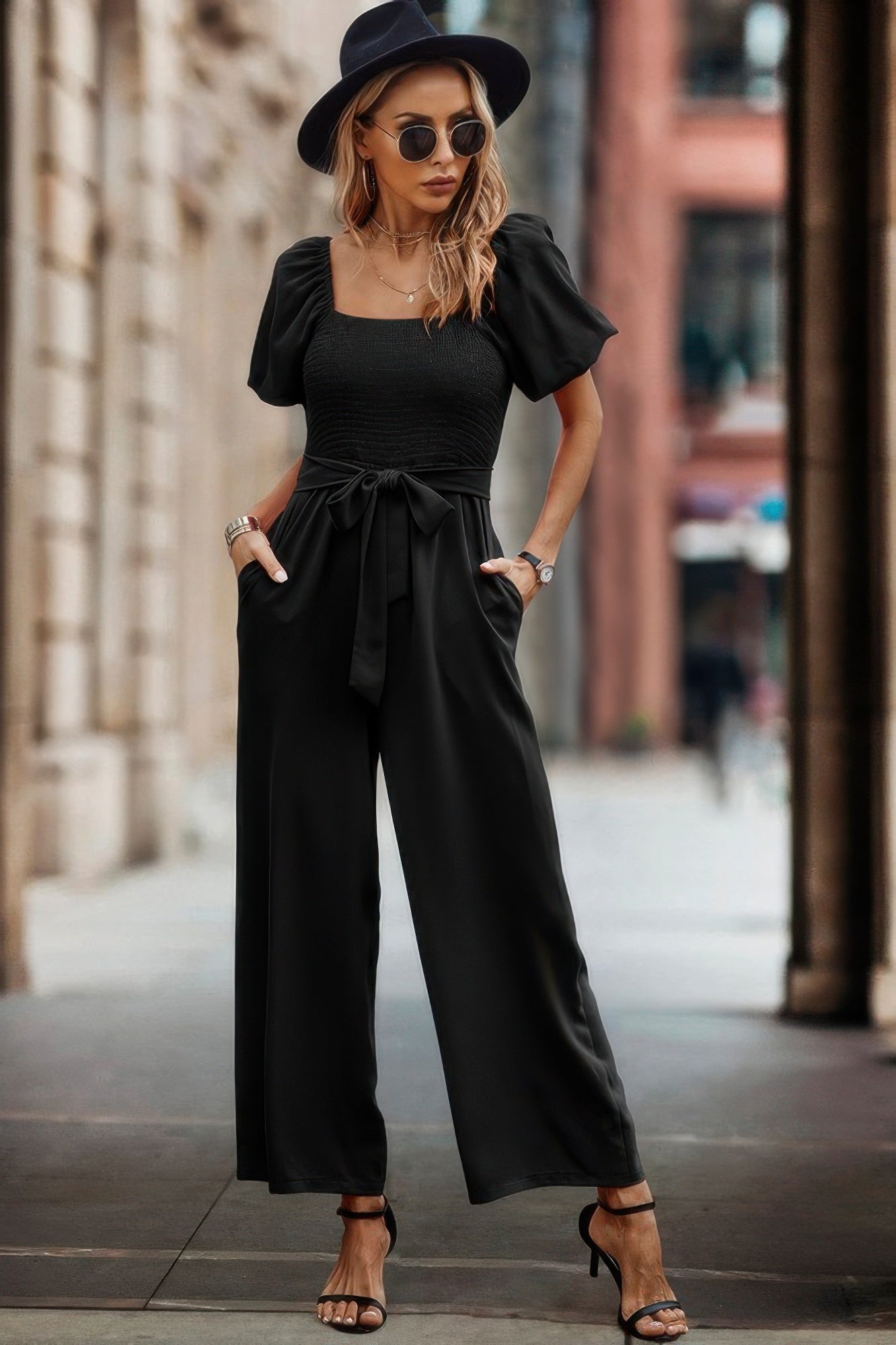 Solid Fit Square Neck Smocked Jumpsuit