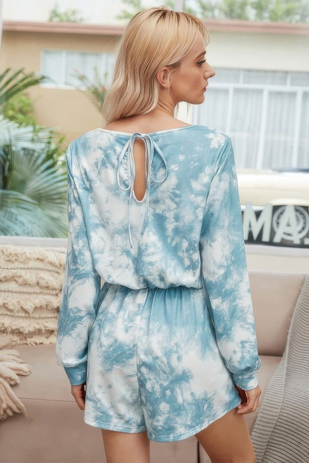 Tie Dye Round Neck Drawstring Romper