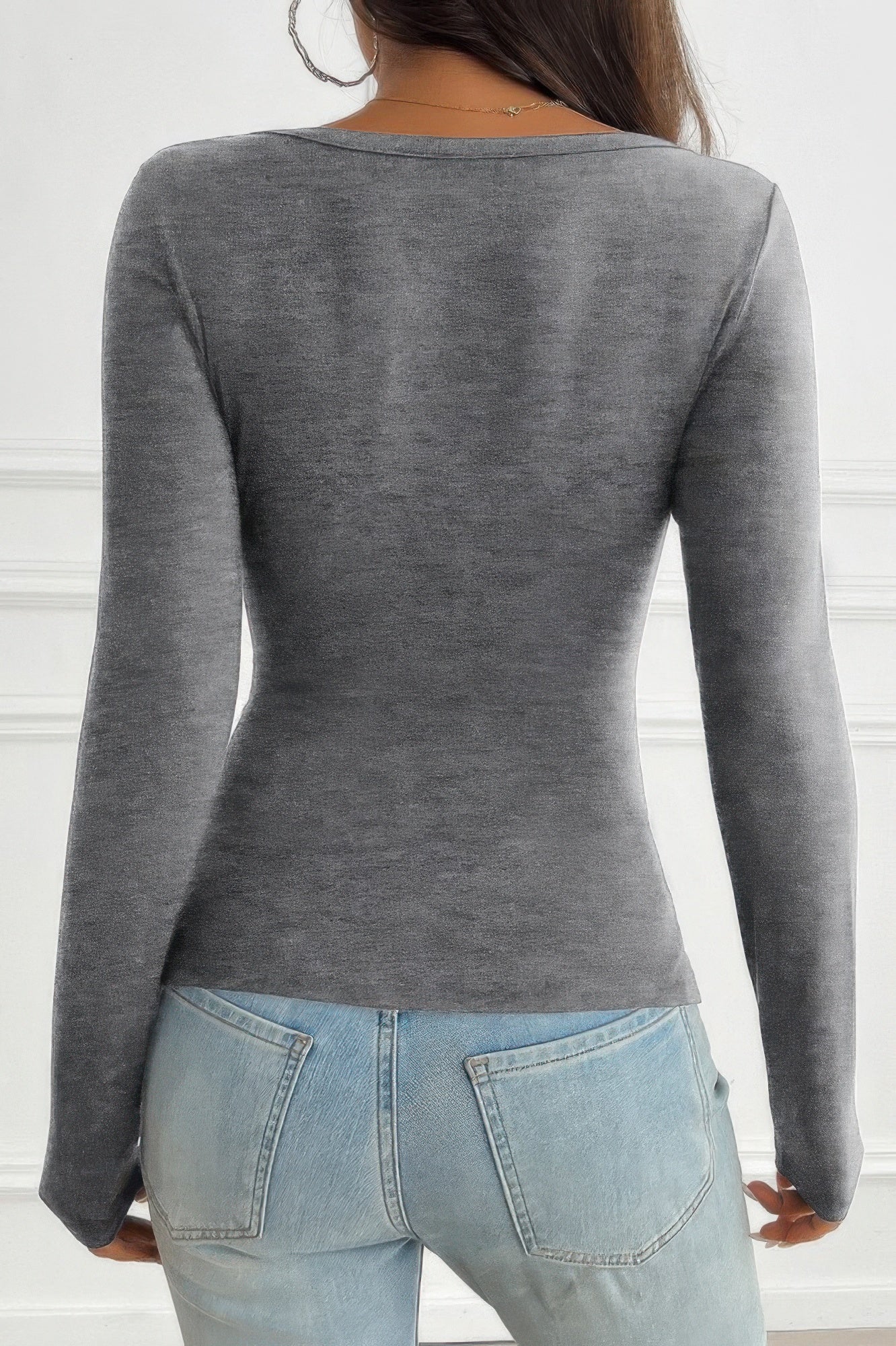 Solid Slim Fit V Neck Long Sleeve T Shirt