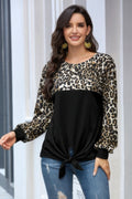 Leopard Stitching Bow Knit Crew Neck Loose Pullover