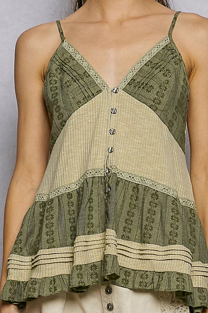 Button Front V-Neck Ruffled Cami with Pintuck Accents